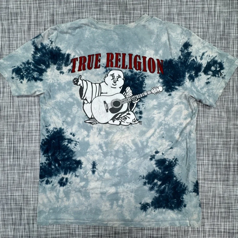 True Religion Mens T-Shirt Large Blue Tie Dye Buddha Guitar Graphic Logo Cotton